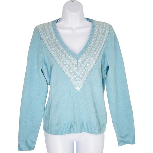 Ann Taylor Angora Sweater Light Blue Pullover Fair Isle Print Medium - Picture 1 of 8